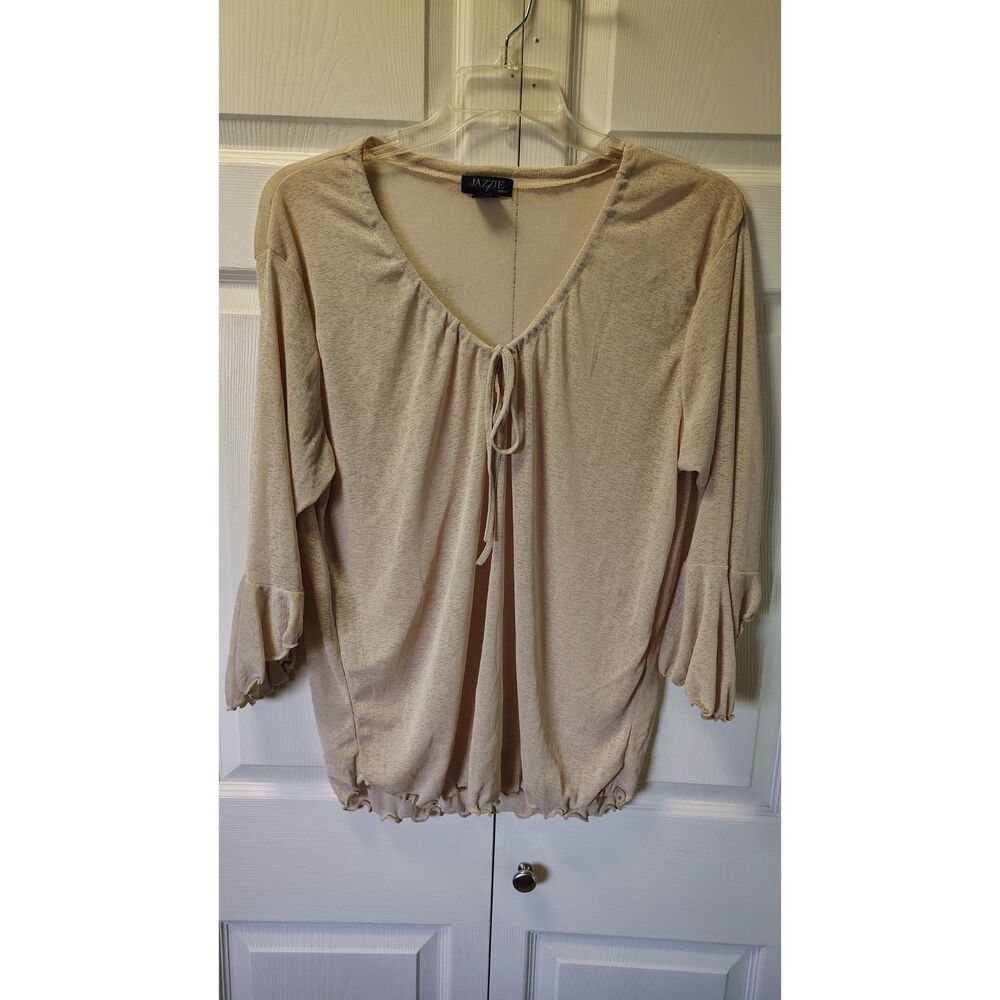 Jazzie Women's Plus Size 3X Tan Beige Shimmer V-Neck Tie Front Flared Sleeve Top